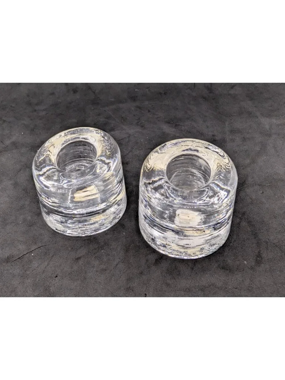 Vtg Handmade Viking Glass Ice Clear Round Slanted Taper Candle Holders 1.5”MCM